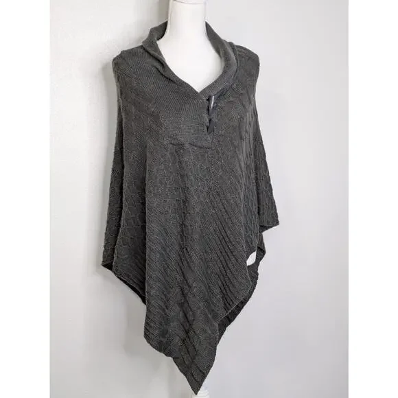 Say What? Poncho Sweater Gray Knit V Neck Casual One Size - Picture 2 of 7